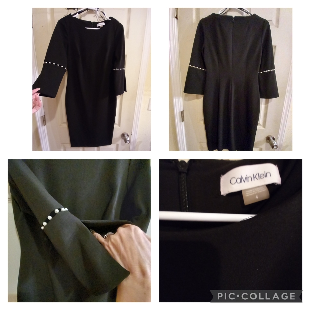 Calvin Klein dress w/ pearl embellishments on sleeves. Sz 4.Excellent quality